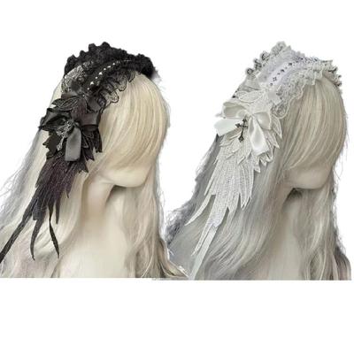 Japanese Angelic Winged Hairband Cosplay Headpiece Ruffle Lace Headband For Masquerade And Halloween Party Photo Wear