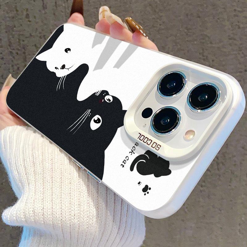 Czarno-biały kot Etui na iPhone'a 17, Pasuje do iPhone'a 14 Pro, 13, 16 Pro, dla Apple 15 Pro Max, Kolor Srebrny, Kompatybilność Międzynarodowa