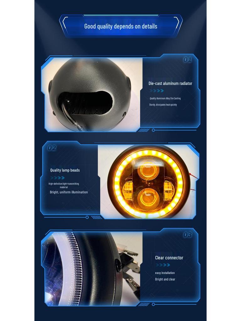 Motorcycle LED Headlight: 4-Bead Full Circle, High Brightness, Waterproof, Improved Heat Dissipation.