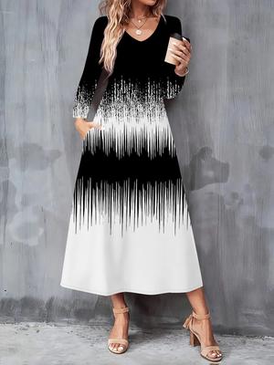 2025 Autumn and Winter New Women Casual Fashion Dress 3D Retro Pattern Print Long Sleeve V-Neck A-Line Dresses