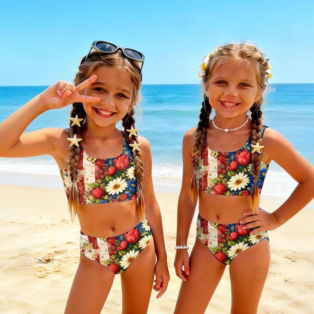 Girls Two Piece Swimsuit Set Summer Tankini Top and High Waist Bottoms Floral Print Lightweight Swimwear for Kids Beach Pool
