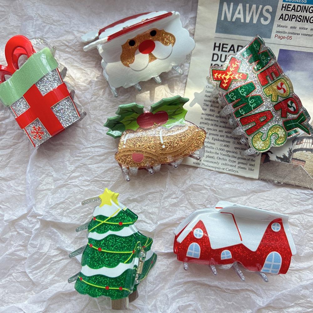 Glitter Christmas Tree Hair Claw Acrylic Cartoon Hair Grab Clip Santa Claus Shark Clip Festival