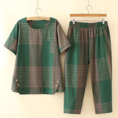 2 Pcs/Set Women T-shirt Pants Set Plus Size Homewear Outfit Color Matching Plaid Print Round Neck Short Sleeve Top Wide Leg Elastic Loose Pants