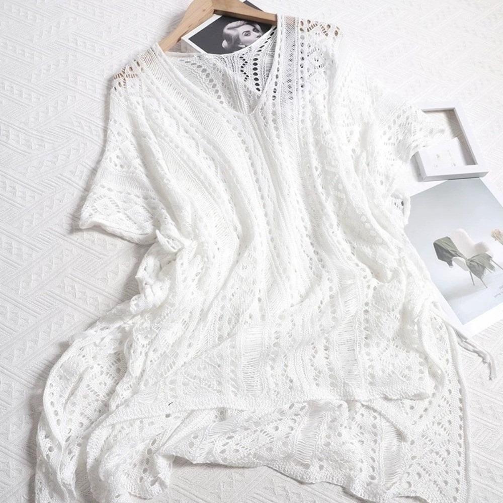 V-neck Hollow Out Swimsuit Cover Up Oversized Beach Wear Leisure Knitted Bikini Cover Up  Pool