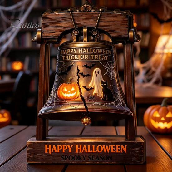 Housewarming Gift Ideas Vintage Halloween Wooden Bell Decor, Rustic Farmhouse Shelf Sitter with Artistic Photo Props Metal Wood Stand, Tabletop