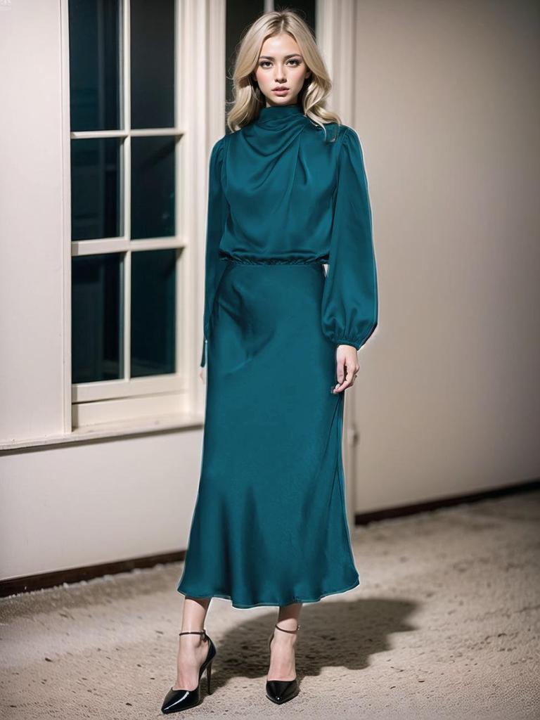 Elegant Women's 2025 Autumn Satin Long Sleeve Evening Dress