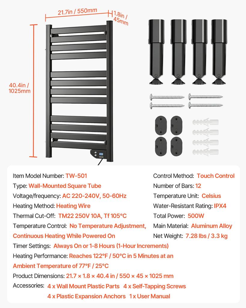 VEVOR Heated Towel Warmer Rack for Bathroom Electric Wall Mounted 12 Bars, Aluminum Alloy Towel Warmer, Overheat Protection