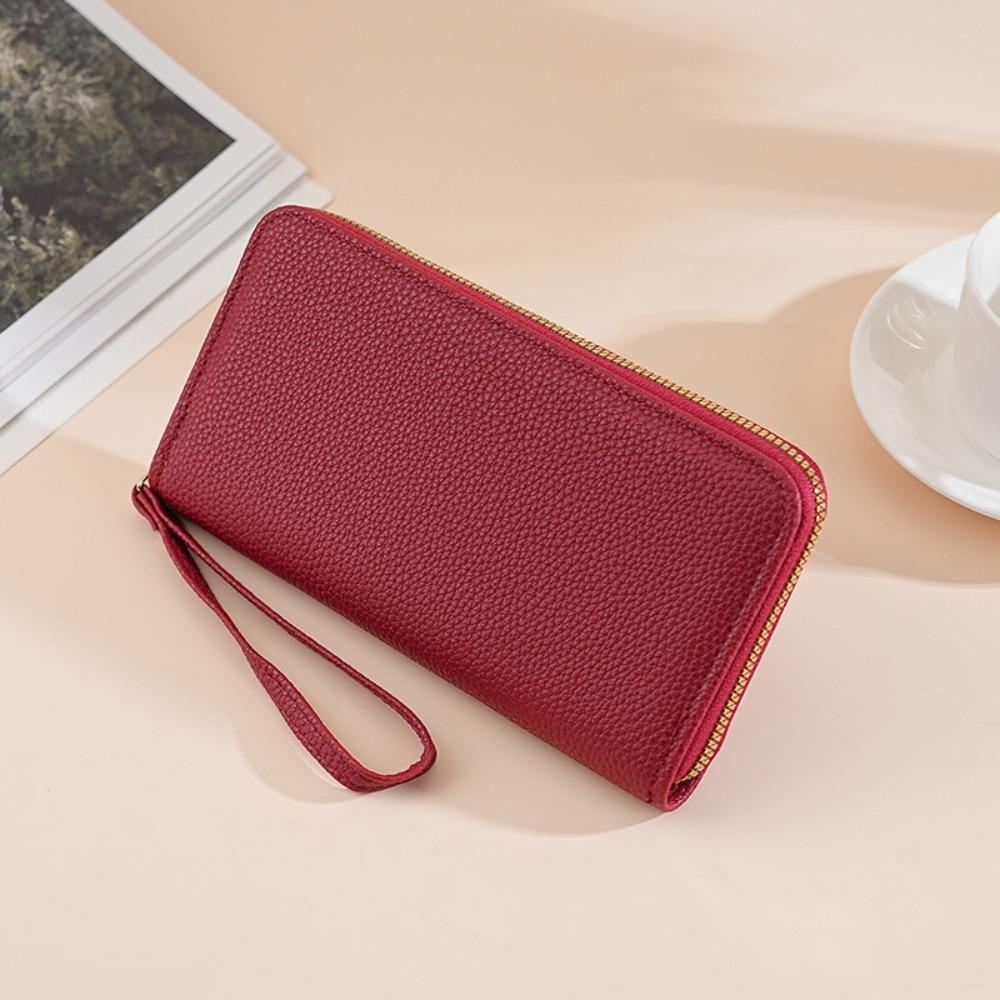 Luxury Leather Long Wallet With Wrist Strap Solid Color Multi Card Holder Large Capacity Phone Handbag Women