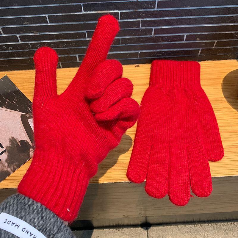

Women s Gloves Red Cold-Proof Five-Finger New Year Knitting Wool Red One size