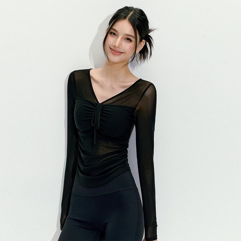 Sexy Mesh High-end Yoga Clothes Long-sleeved Integrated Chest Pad Fitness Professional Training Pilates Sports Top