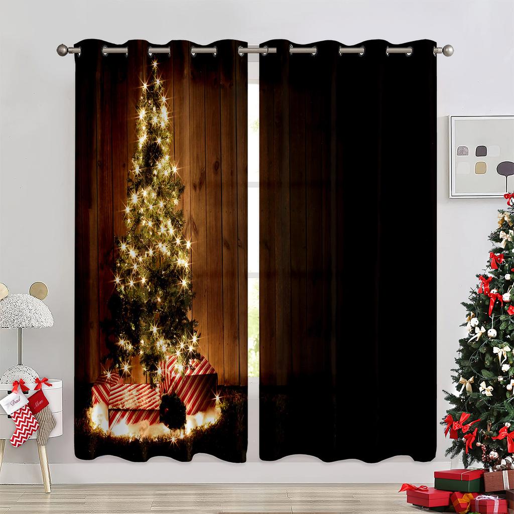 Christmas Decoration Warm Fireplace Curtains Christmas Santa Christmas Tree Children's Room Decoration Bedroom Living Room 2 Pcs