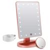 FASCINATE Mirror with Tabletop Stand Stepless 10x Adjustable Popular Pink 21-LED Light, Mirror, Dimming, USB/Battery Powered, Magnification, Bright,