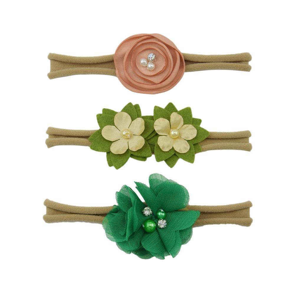 Children'S Nylon Headband Three-Piece Elastic Soft Headband Green Flower Headgear Versatile Head Flower Set