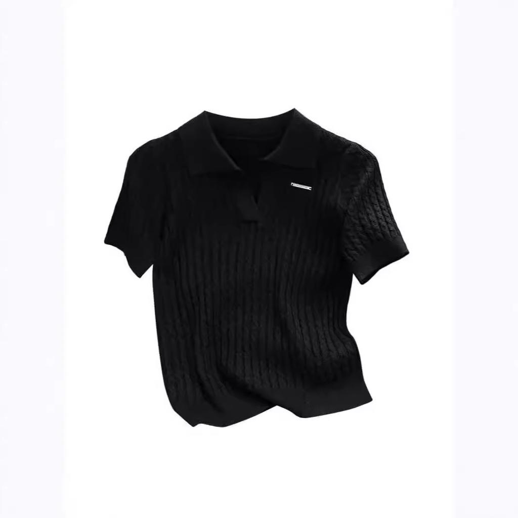 Temperament Lapel Ice Silk Knit Top Summer Loose Thin Twist Short-sleeved T-shirt