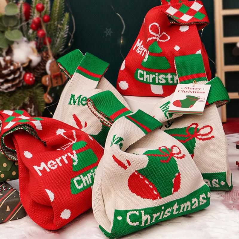1Pc Santa Claus Knitted Tote Bag - Christmas Knot Wrist Handbag, Reusable Storage Bag for Candy Gift Packaging & Shopping