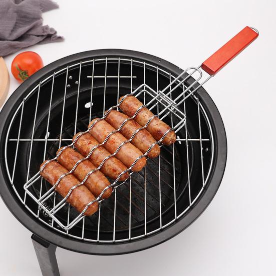Stainless Steel Grill Basket with Handle Hot Dog Grilling Rack BBQ Sausage Holder Rust-Resistant Expandable BBQ Grill Tool for Outdoor Cooking