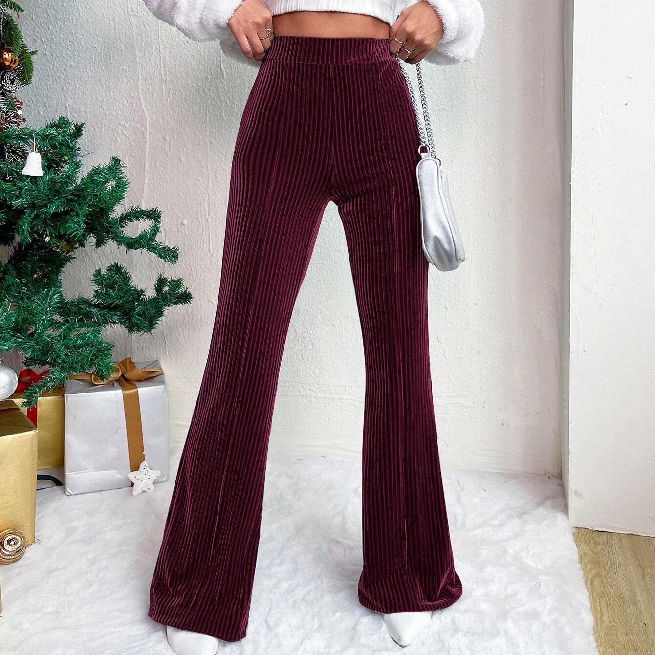 

2025 Нові вельветові штани-кльош із високою талією, однотонні повсякденні широкі спортивні штани для жінок S кларет