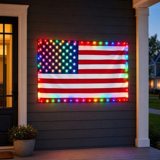 Flaga Amerykańska LED, 3x5 FT Wodoodporna Zewnętrzna Patriotyczna Flaga z Wielokolorowymi Lampkami LED na 4 Lipca, Dzień Pamięci, Dzień Weteranów Dekoracje