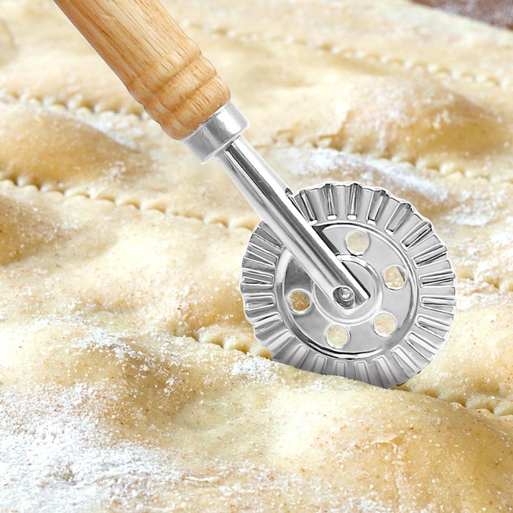Raviolica Cutter Stamp with Roller Wheel Round Shape with Wood Handle and Grooved Edge Pasta Press Pasta Cutter for Home Kitchen