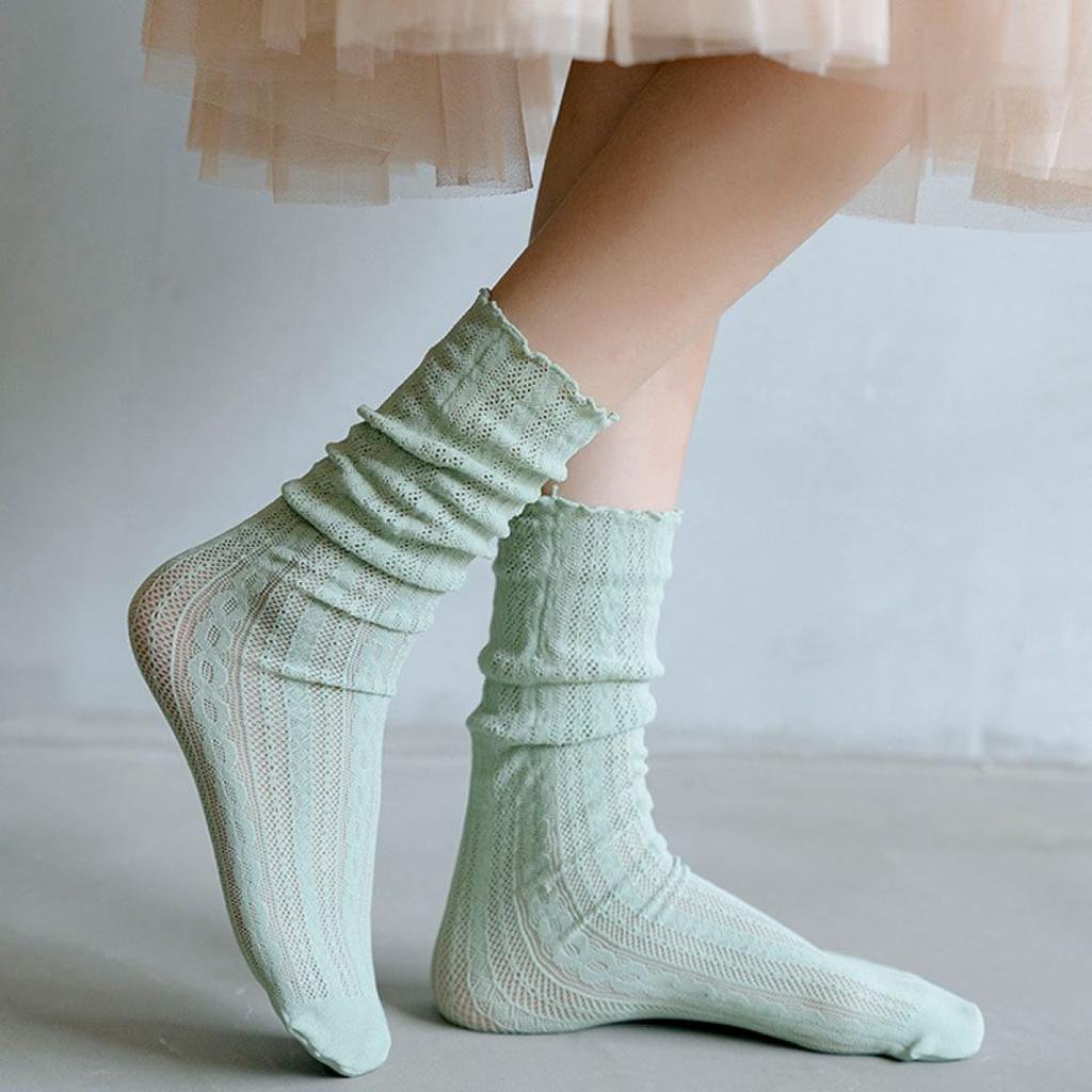 Women Fashion Long Pattern Summer Loose Socks Floral Solid Bubble White Black Korean Mesh Japanese Breathable Lolita Luxury Lace