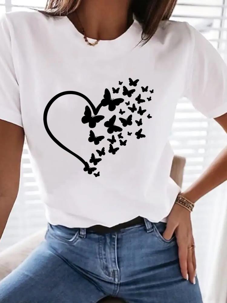 (Asian Size) Tee Top love heart trend 90s Women Clothing T Shirt Woman Print Fashion Female Short Sleeve Graphic T-shirts