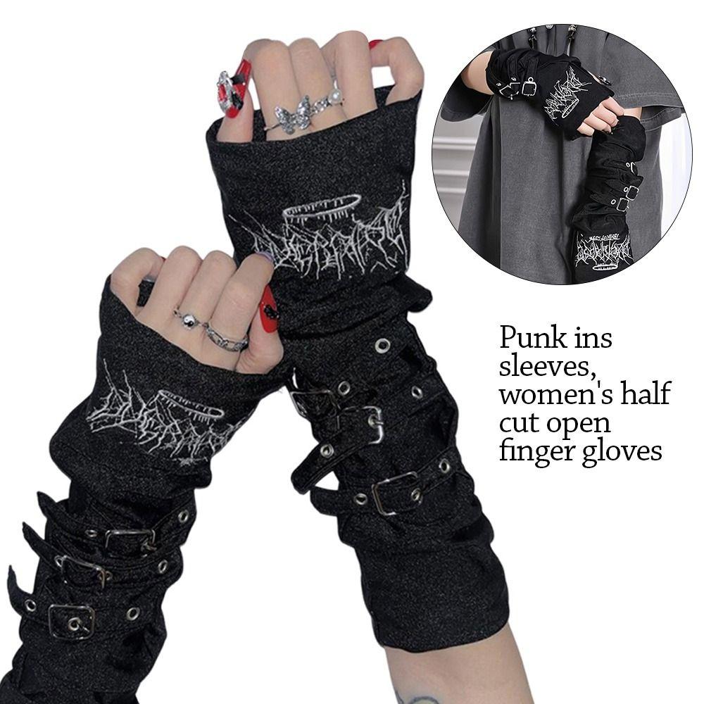 Maniche Braccia con Fibbia Metallica alla Moda Y2K Giapponesi a Mezza Dita Harajuku Dark Punk Guanti Decorativi Donna