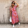 Frauen Sommer Urlaub Casual Floral Gedruckt Kurzarm V-ausschnitt Split Langes Kleid