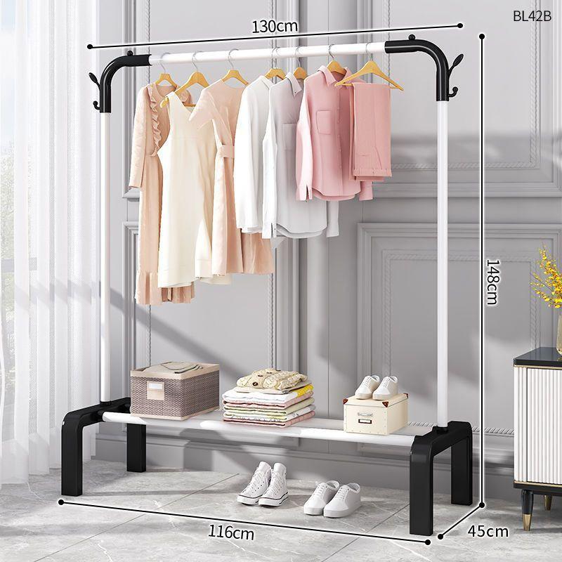Plastic Floor-Standing Balcony and Bedroom Clothes & Hat Rack, with Folding Drying Pole and Storage.