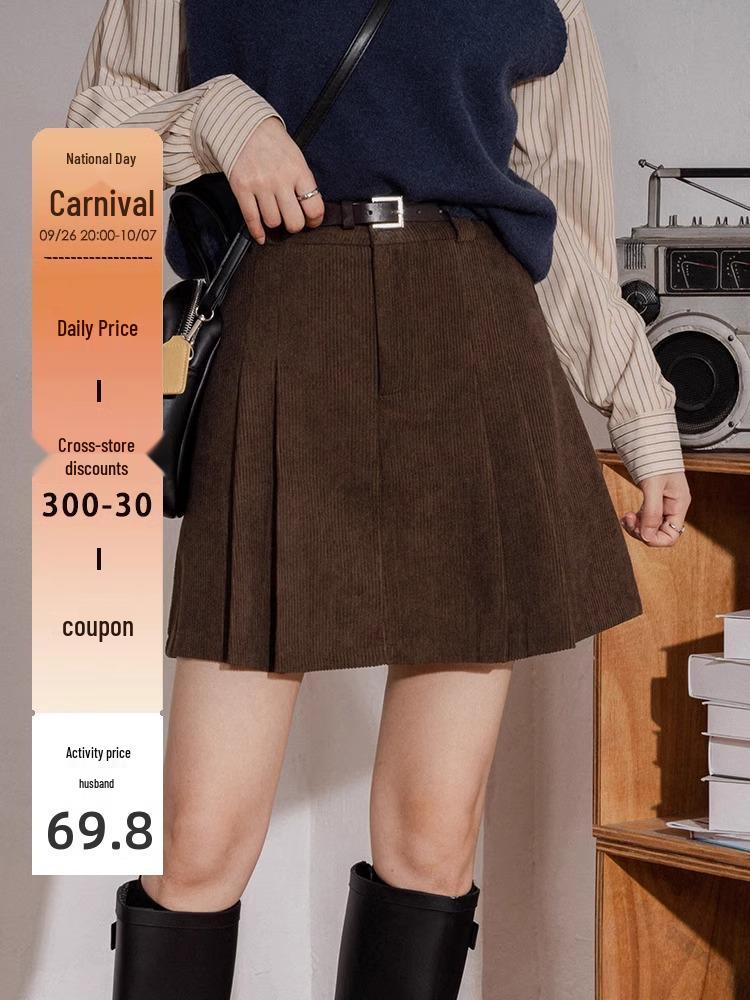 Women's Retro High-Waist Corduroy A-Line Skirt: Age-Reducing, Pleated, Simple, Versatile, Anti-Exposure Design for Autumn