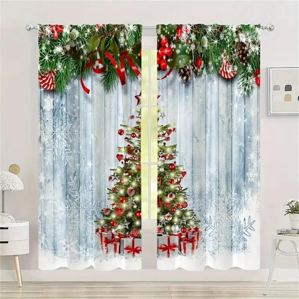 2pc,Christmas Ball Pine Leaves Curtain,With Rod Pocket Mount,Digital Printed Curtains,Polyester Material,For Living Room Bedroom