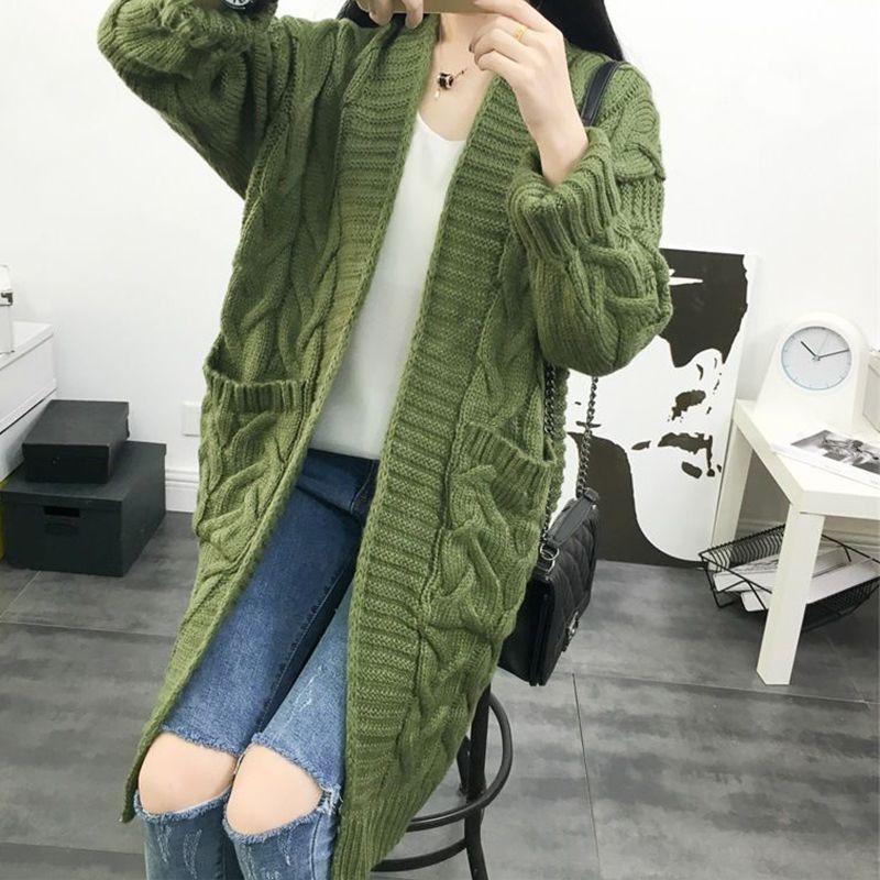 Dámský módní ležérní dlouhý jednobarevný svetr bez knoflíků cardigan bunda