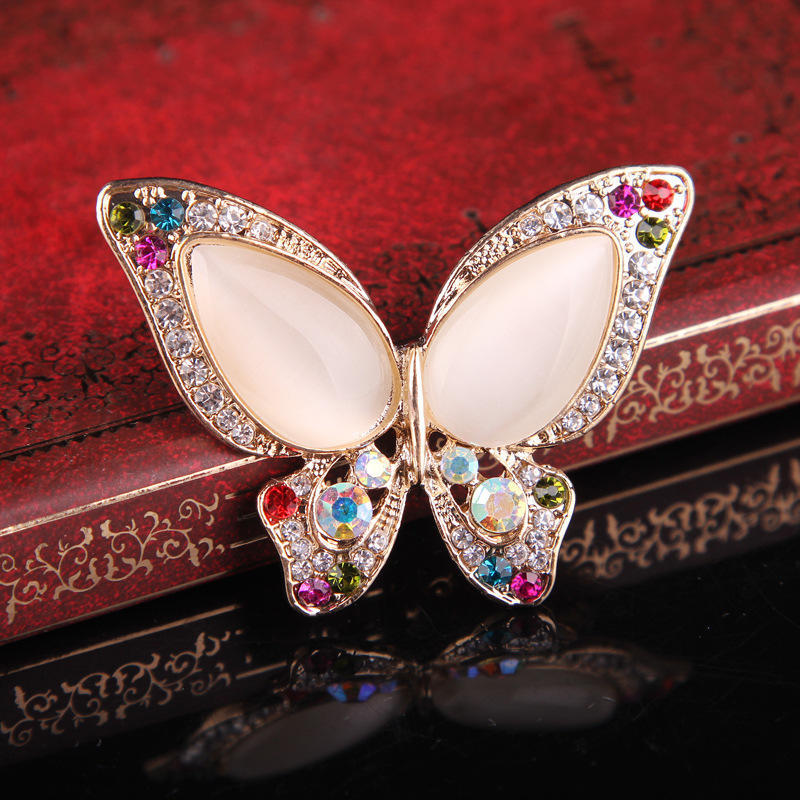 Colored Diamond Cat's Eye Butterfly Brooch Realistic Simple Stone Design Women's Fashion Temperament Versatile Daily Corsage Pin Jewelry