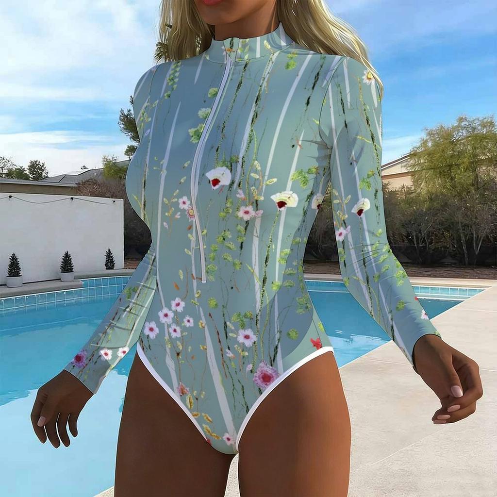 Women Long Sleeve One Piece Swimsuit Zip Front Butterfly Flowers Print Rash Guard Surfing Bathing Suit
