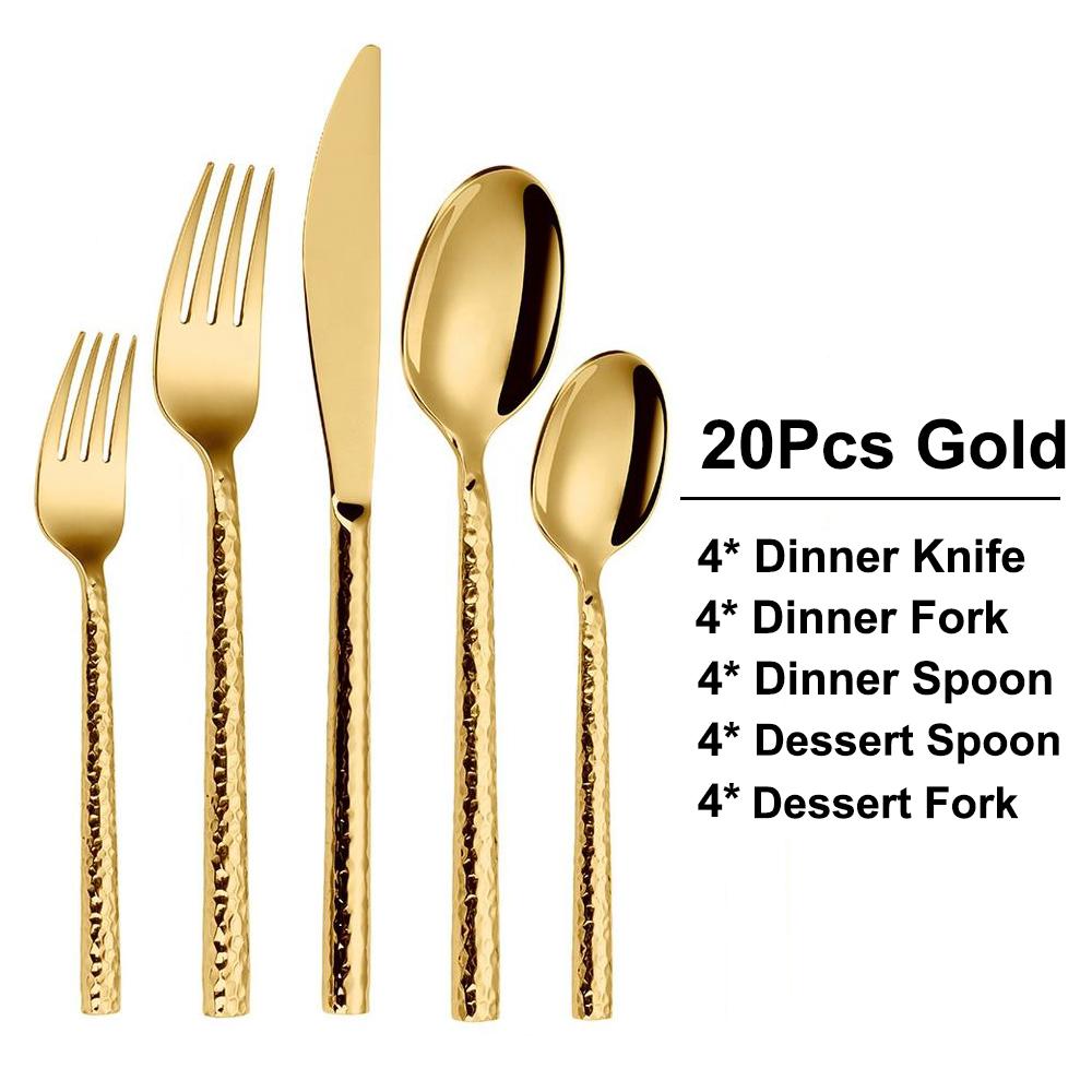 5/10/15/20Pcs Gold Heavy Cutlery Sliver Dinner Set Stainless Steel Tableware Mirror Western Hammer Pattern Handle Knife Fork