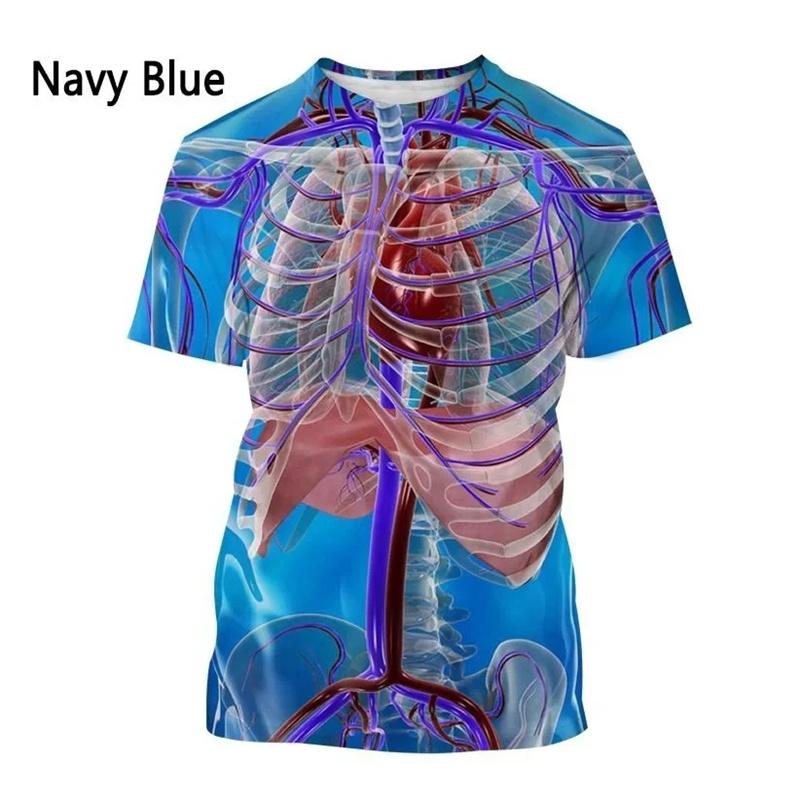 Camisetas Padrão Órgãos Humanos Ossos Para Homens Personalidade Estampadas 3D Verão Casual Manga Curta Soltas Camisetas Gola Redonda Tops