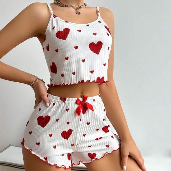 2 Pcs/Set Women Summer Pajamas Suit Adjustable Strap Sleeveless Heart Print Crop Top Shirring Edge High Waist Shorts Bedroom Sleepwear Set EMA