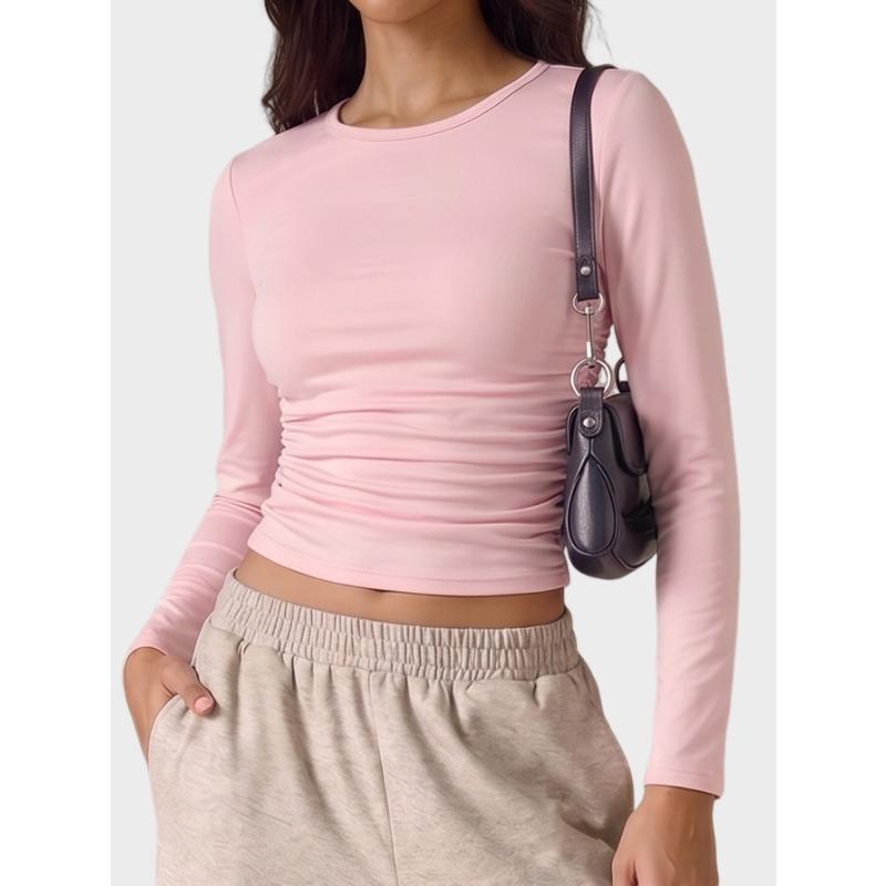 Women Side Ruched Long Sleeve Slim Fit Thin Sunscreen Casual Base T Shirt
