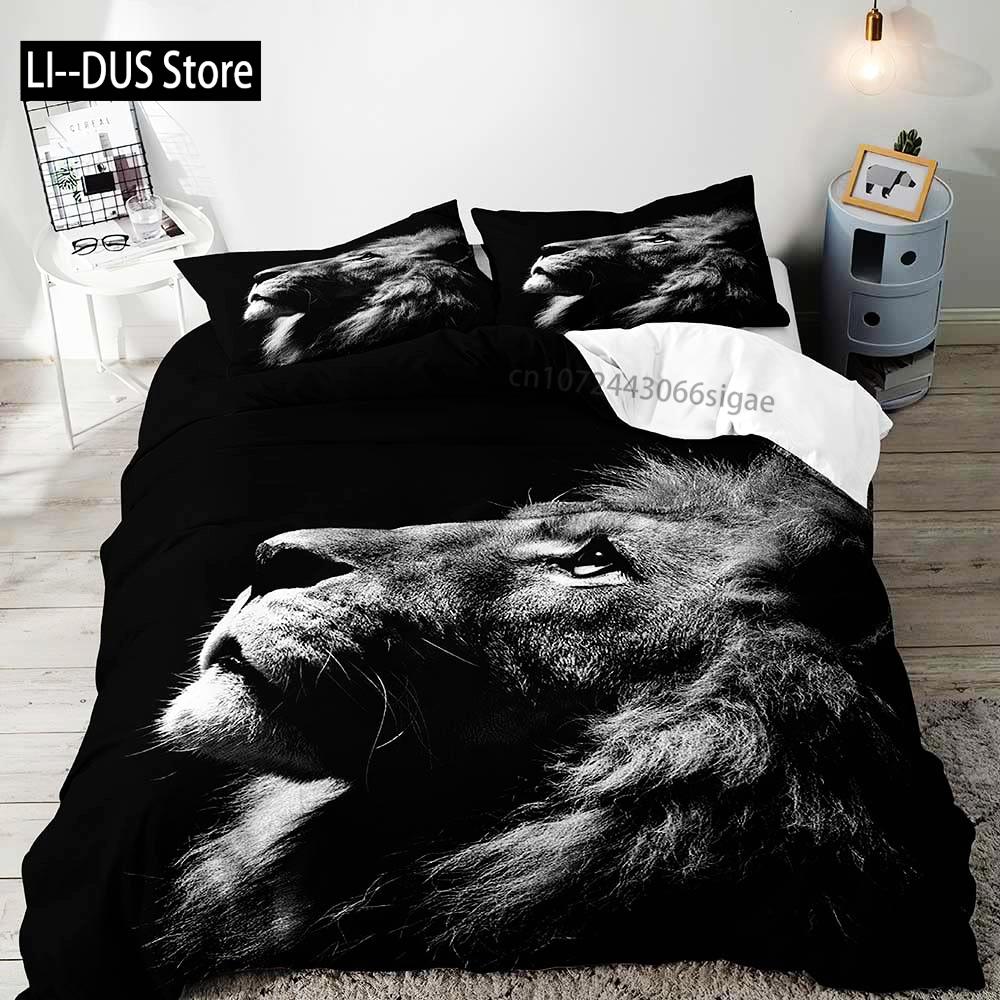 3PCS Lion King & Queen Bedding Set African Safari Animal Black Bedding Comforter Cover Bedroom Decor for Couples Full Size