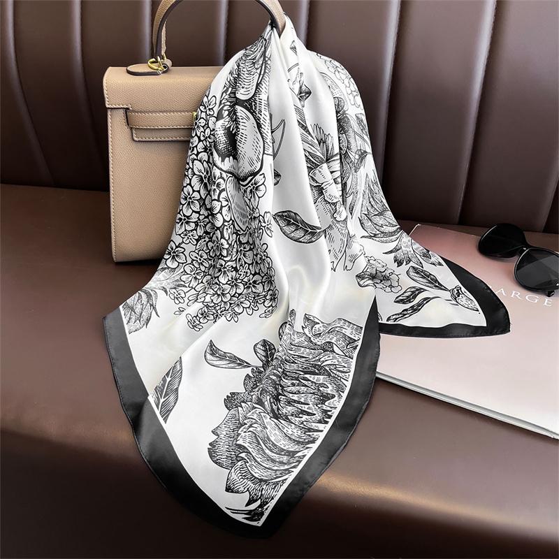 Monochrome Botanical Designer Print Scarf Women Silk Scarves Luxury Bandana Hijab Neckerchief Shawl Kerchief Hair Band Foulard