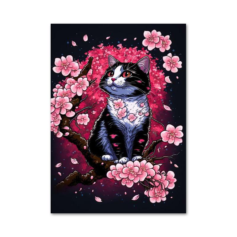 Japanische lustige Tierkatze Kirschblüte Poster und Drucke Leinwand Gemälde Wand Kunst Bilder für Wohnzimmer Wohnkultur