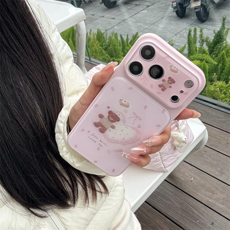 Cute Pink Heart Bear Phone Case For iPhone 17 16 15 Pro Max Sweet Strawberry Dessert Cartoon Aesthetic Shockproof Cover