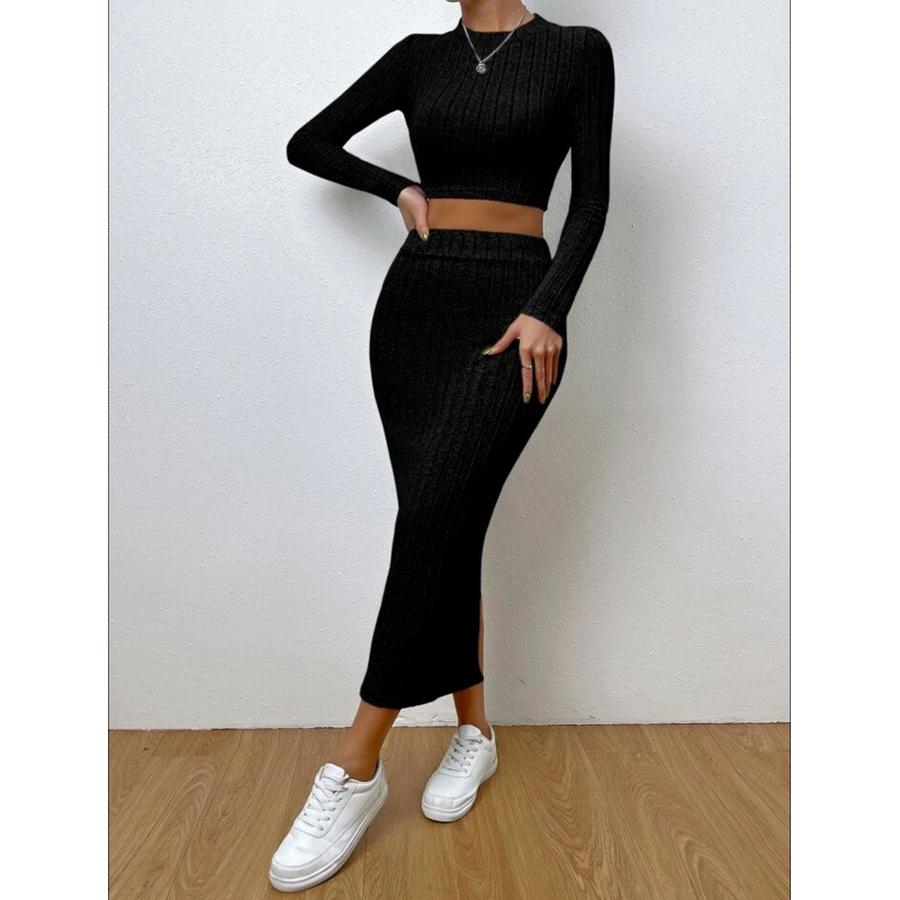 Women's Spring Casual Fashion Crew Neck Long Sleeve Bodycon Knit Set
