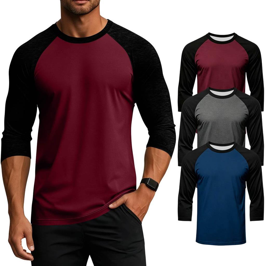 Men's Colorblock Raglan Sleeve Athletic Shirt Three Piece Set Lightweight Stretchy Sport Top for Training Running Casual Wear