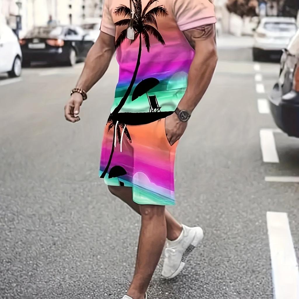 Men's Casual 2pcs Set, Coconut Palm Print T-shirt + Active Shorts Matching Set For Fitness