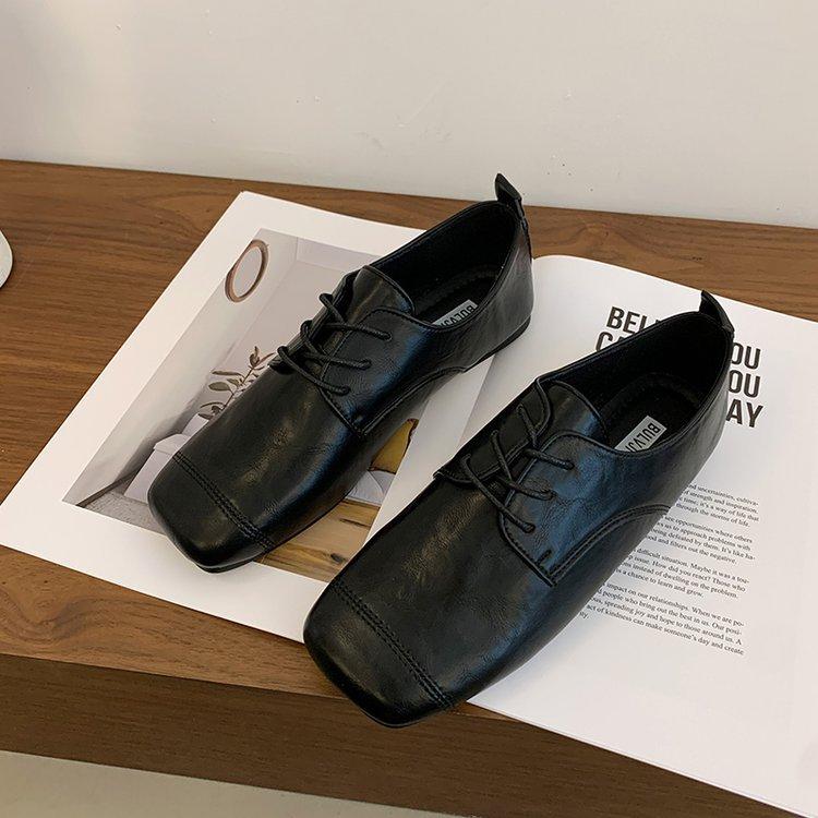 

Women s Retro Leather Shoes Black Flat Bottomed Lace Up Loafers 2026 Spring Soft Soled Square Toe Casual Driving Shoes Zapatos 35 чорний