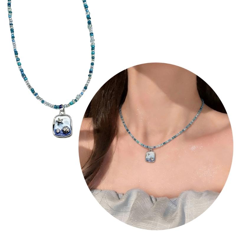 Unique Beach Style Beaded Necklace Blue Shell Pendant Detail Clavicle Chain Adjustable Length Neckchain