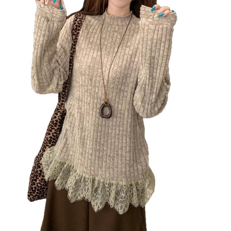 Women's Loose Slimming High Neck Lace Ruffle Long Sleeve Knit Top