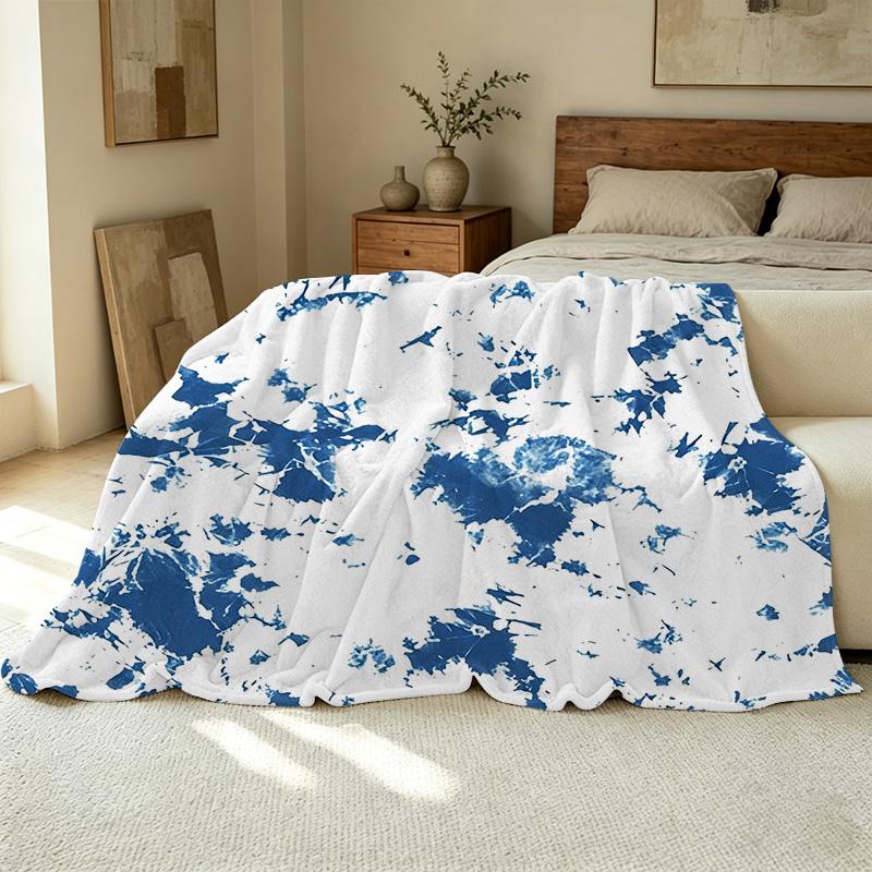Blue & White Tie-Dye Flannel Blanket – Soft, Cozy, Skin-Friendly, Warm, Perfect for Home, Dorm, Christmas & Halloween