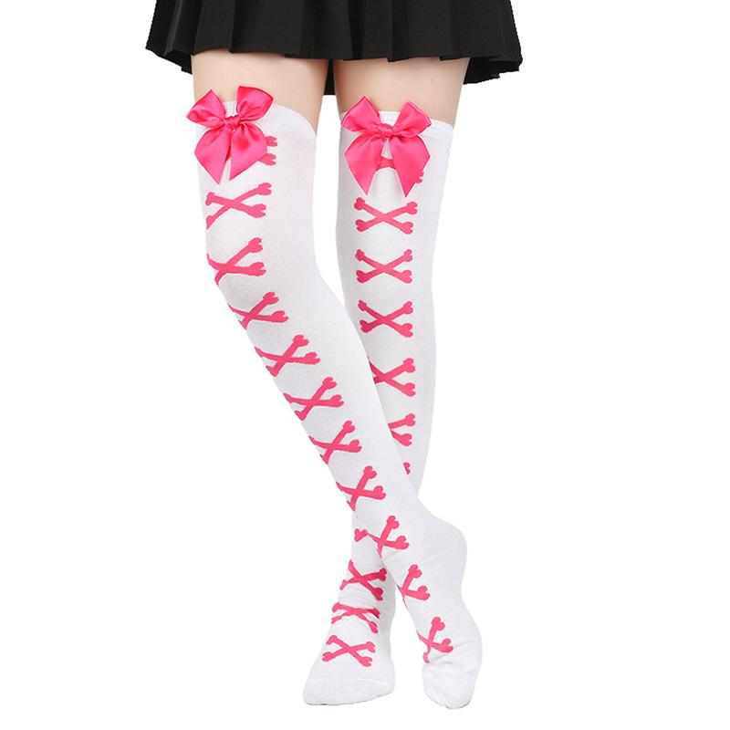1 Paar Mädchen Schwarz Süß Niedlich Rosa Y2K Harajuku Lolita Oberschenkelhohe Strümpfe Mädchen Knochen Schleife Socken Streetwear