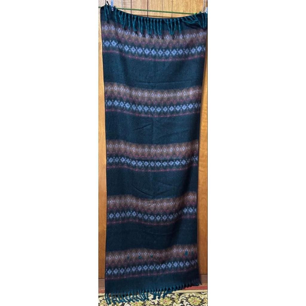 Used Large Native Pattern Stole with Fringe, Shawl, Muffler, Green Tones